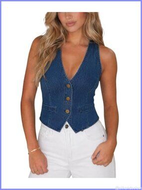Denim Vest Sleeveless V Neck Western Cropped Jean Vest Top